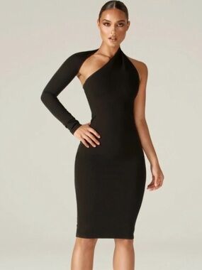 ALIEVA Dasha Black One Shoulder Bodycon Midi Dress NWT M Model Off Duty Chic